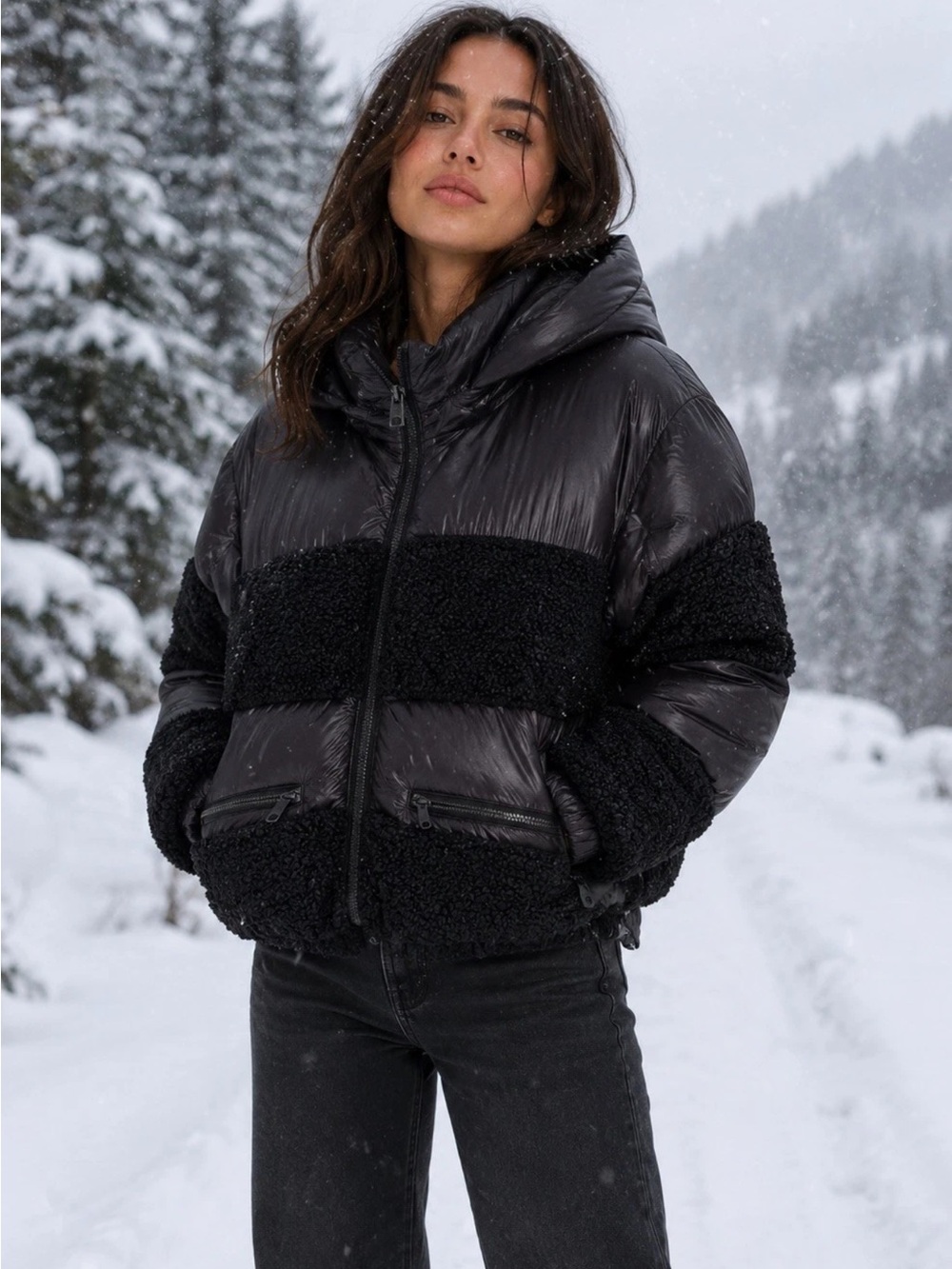DKNY warm winter Women's Puffer Jacket with Sherpa Accent Large